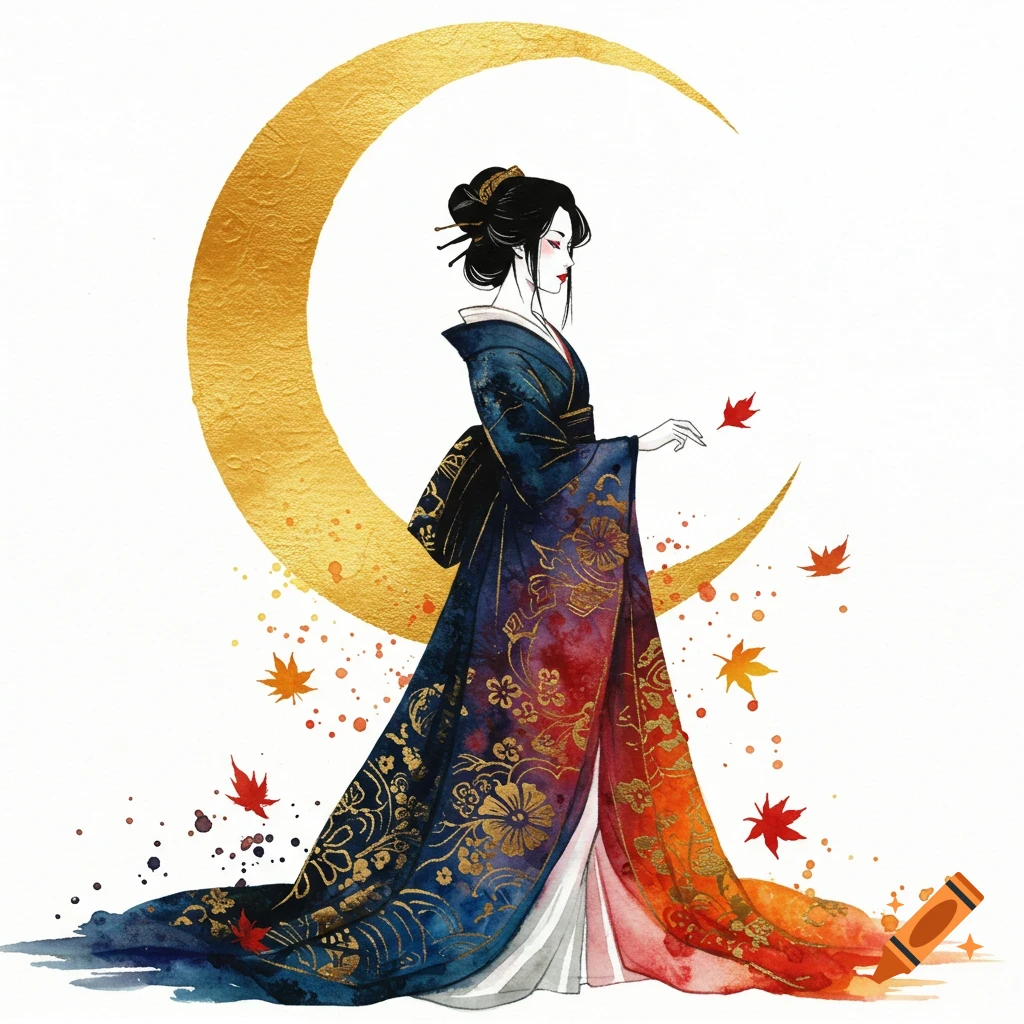 A watercolor painting of a Japanese woman in a blue, red, and orange kimono with golden floral patterns, standing before a large golden crescent moon with scattered autumn leaves.