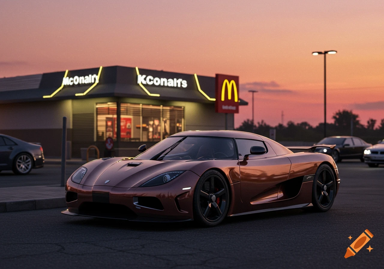 A shiny brown Koenigsegg sports car parked in front of a McDonald's at sunset with a pink and yellow sky, photorealistic.