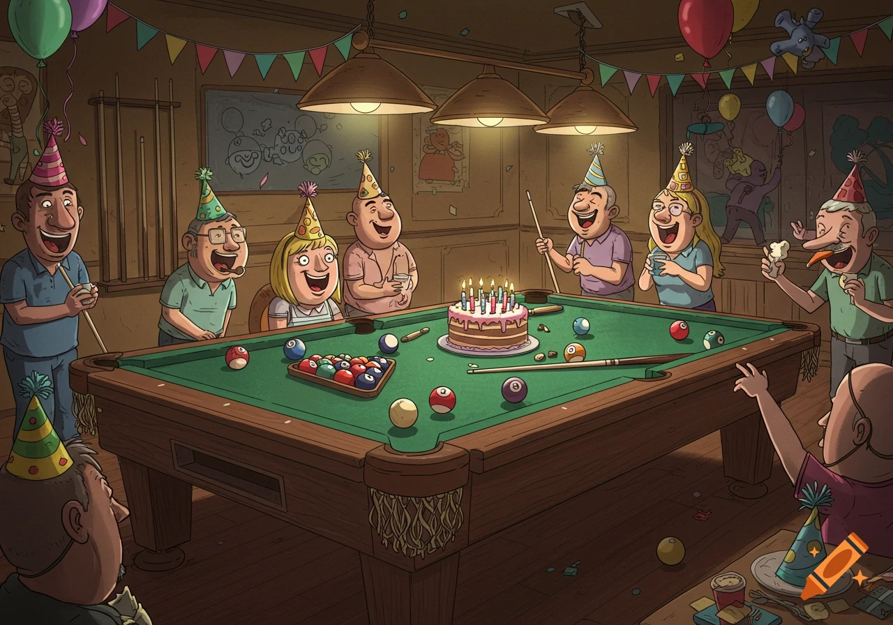 A humorous cartoon shows adults in party hats celebrating a birthday around a pool table with a cake and balloons.