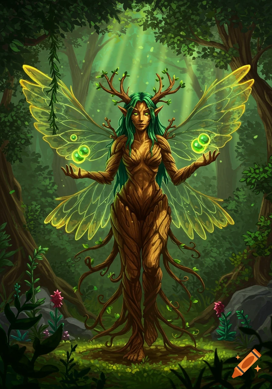 A fantasy digital painting of a dryad, a female tree spirit with green hair, antlers, and translucent wings, standing in a lush forest and holding glowing green orbs.