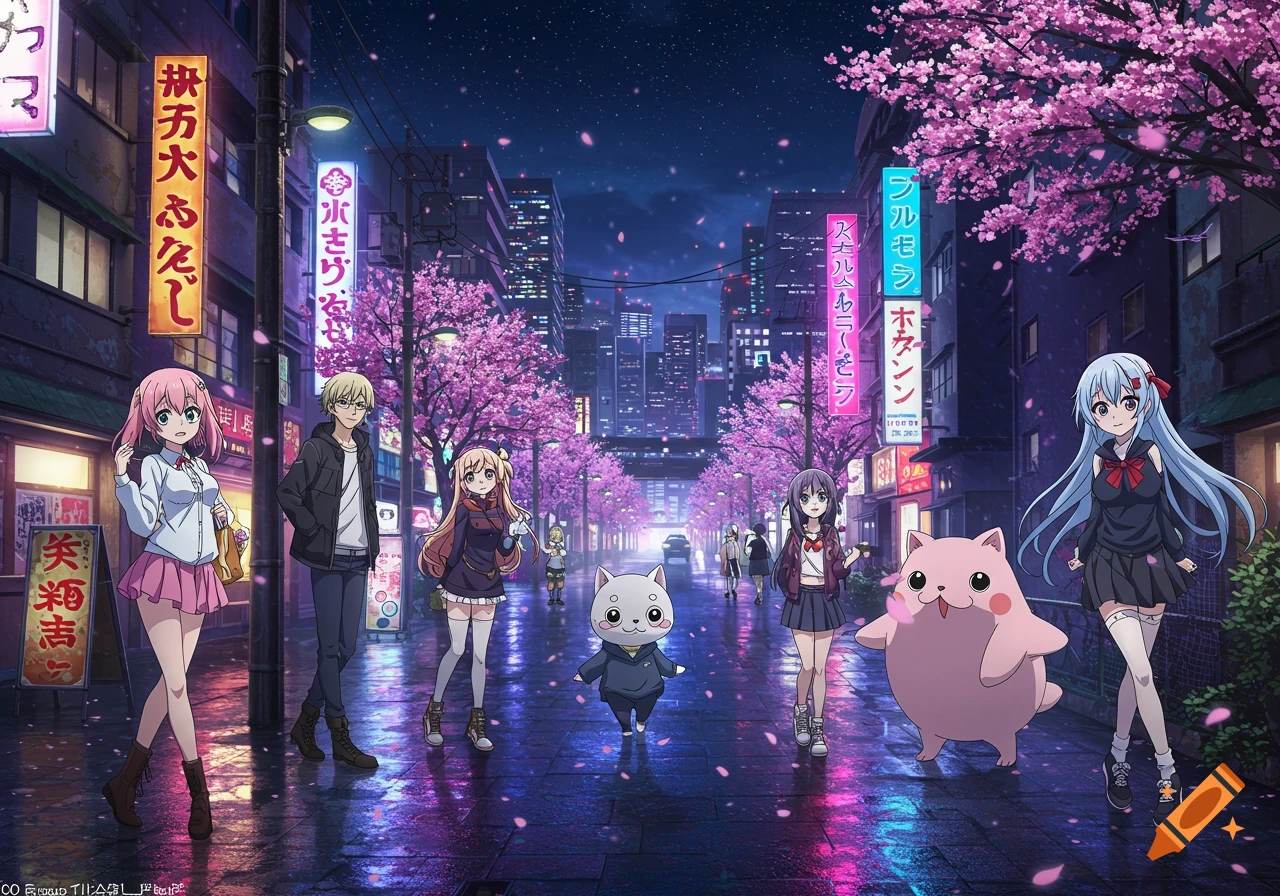 Anime characters and creatures walk a neon-lit city street lined with cherry blossom trees at night.