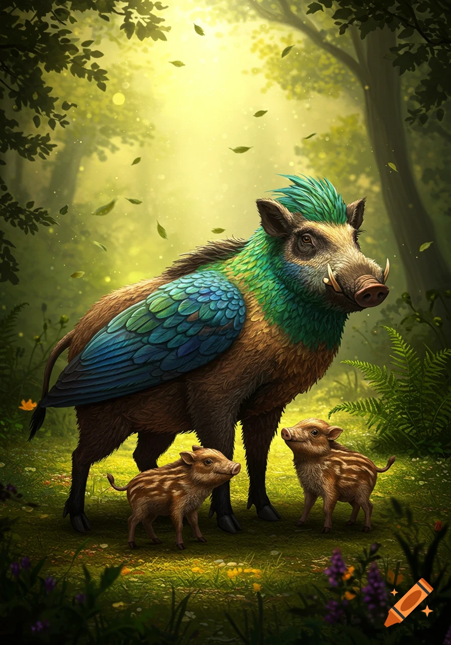 A large, colorful boar-bird hybrid with green and blue feathers stands in a sunlit forest with two small striped piglets.