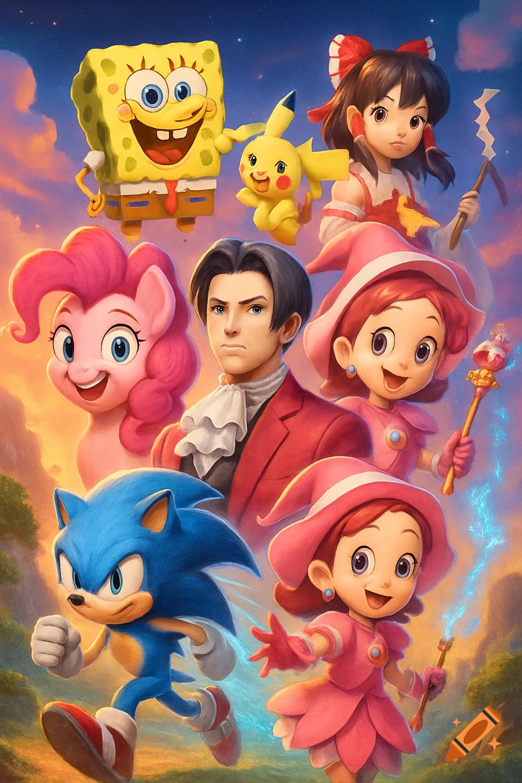 A colorful 3D animated poster featuring SpongeBob, Pikachu, Sonic, Pinkie Pie, Miles Edgeworth, and other characters against a cloudy sky.