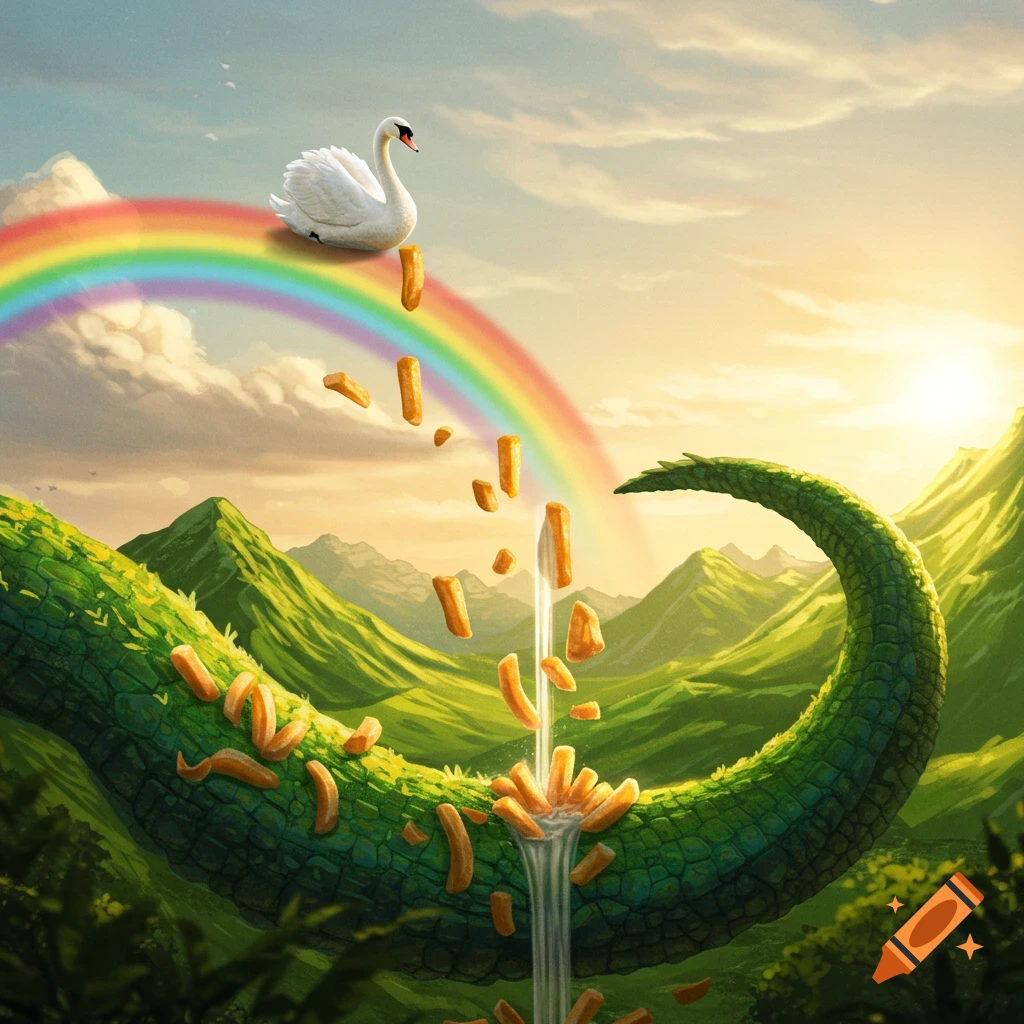 A white swan sits on a rainbow, dropping french fries into a waterfall on a large green scaly tail winding through lush mountains at sunrise.
