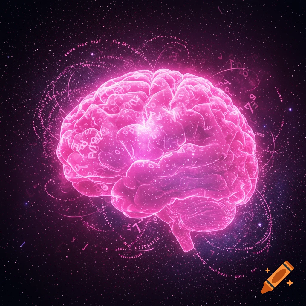 A glowing pink brain against a starry background, surrounded by abstract, shimmering lines and garbled symbols.