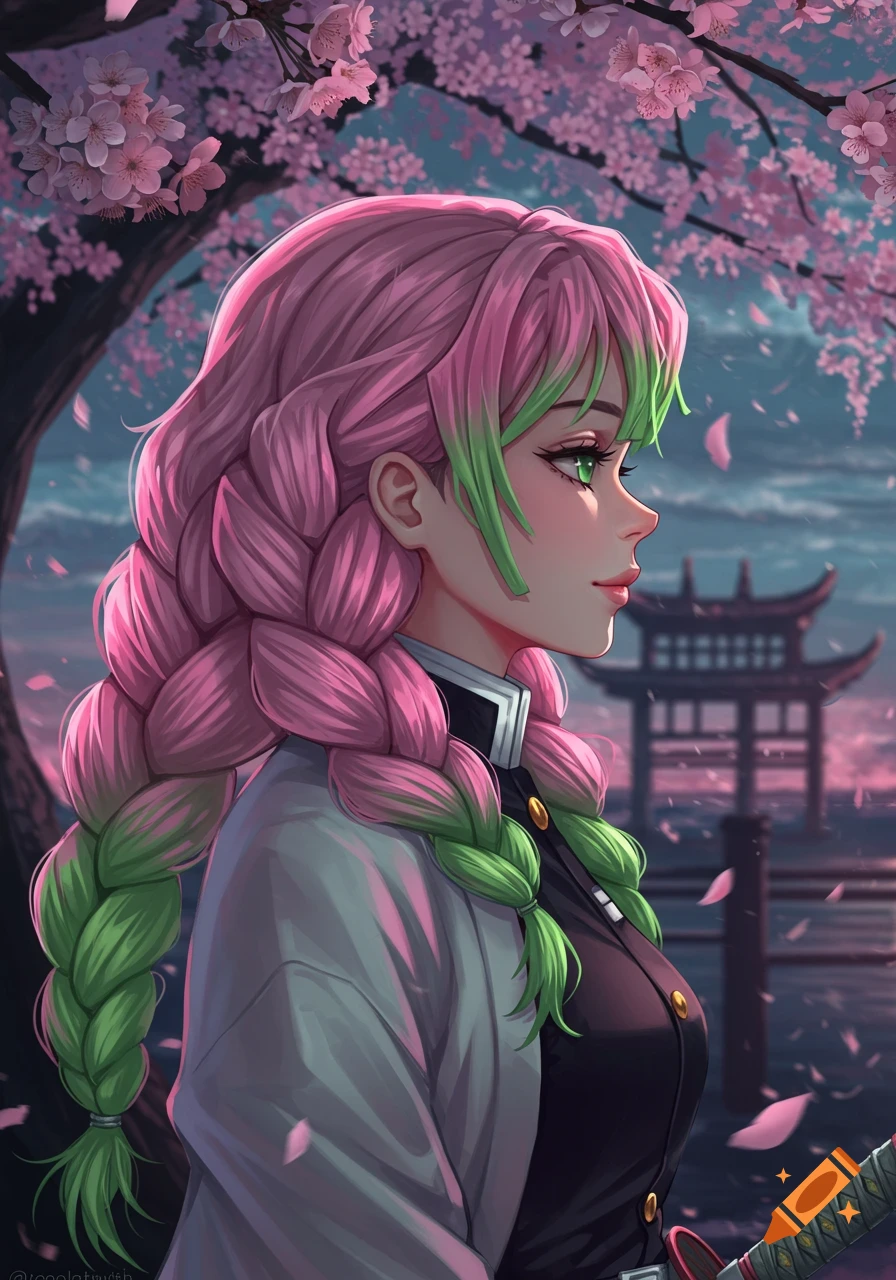 Mitsuri Kanroji from Demon Slayer in anime style, with pink and green braids, under cherry blossoms and a sunset sky.