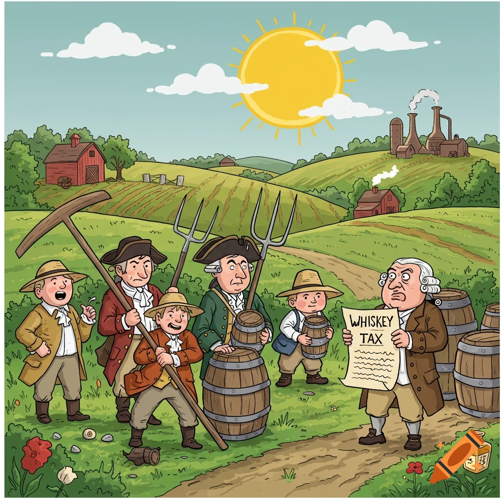 Cartoon of colonial-era farmers, some with tools, confronting a man holding a "WHISKEY TAX" document in a rural setting.