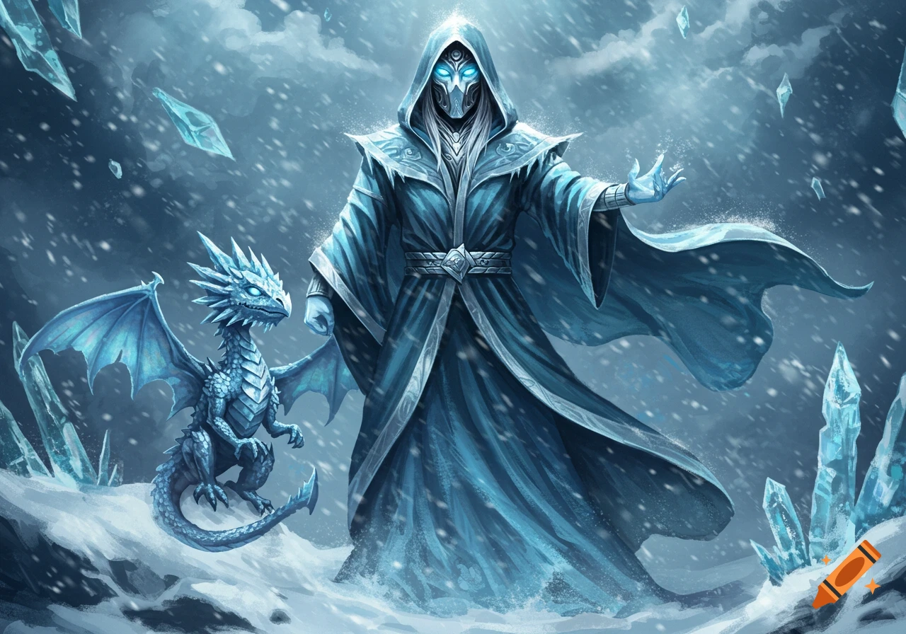 A hooded ice mage with glowing blue eyes and a small blue dragon stand in a snowy, icy landscape.