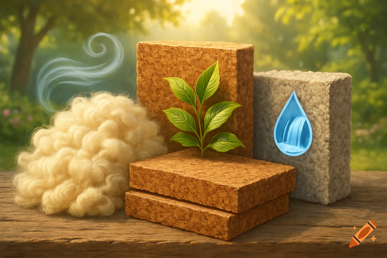 A pile of wool, two cork-like blocks with a plant, and a stone-like block with a water droplet on a wooden surface outdoors.