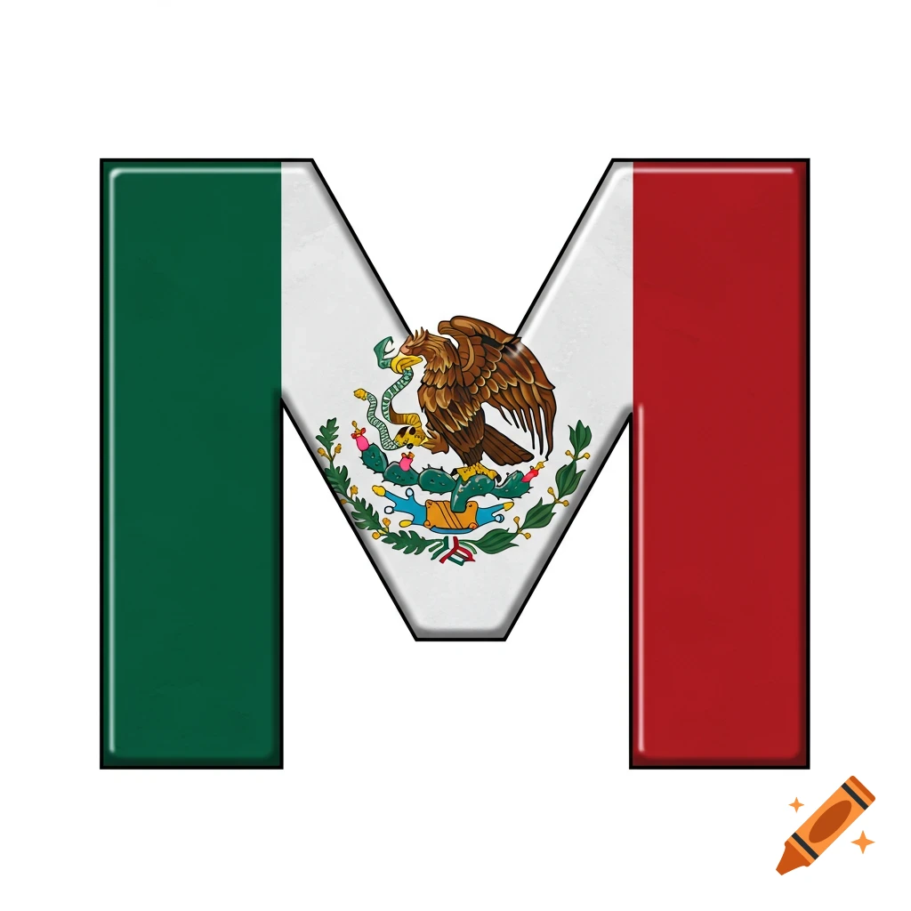 The letter M stylized with the Mexican flag design, featuring green, white, and red vertical stripes, and the national emblem in the center.