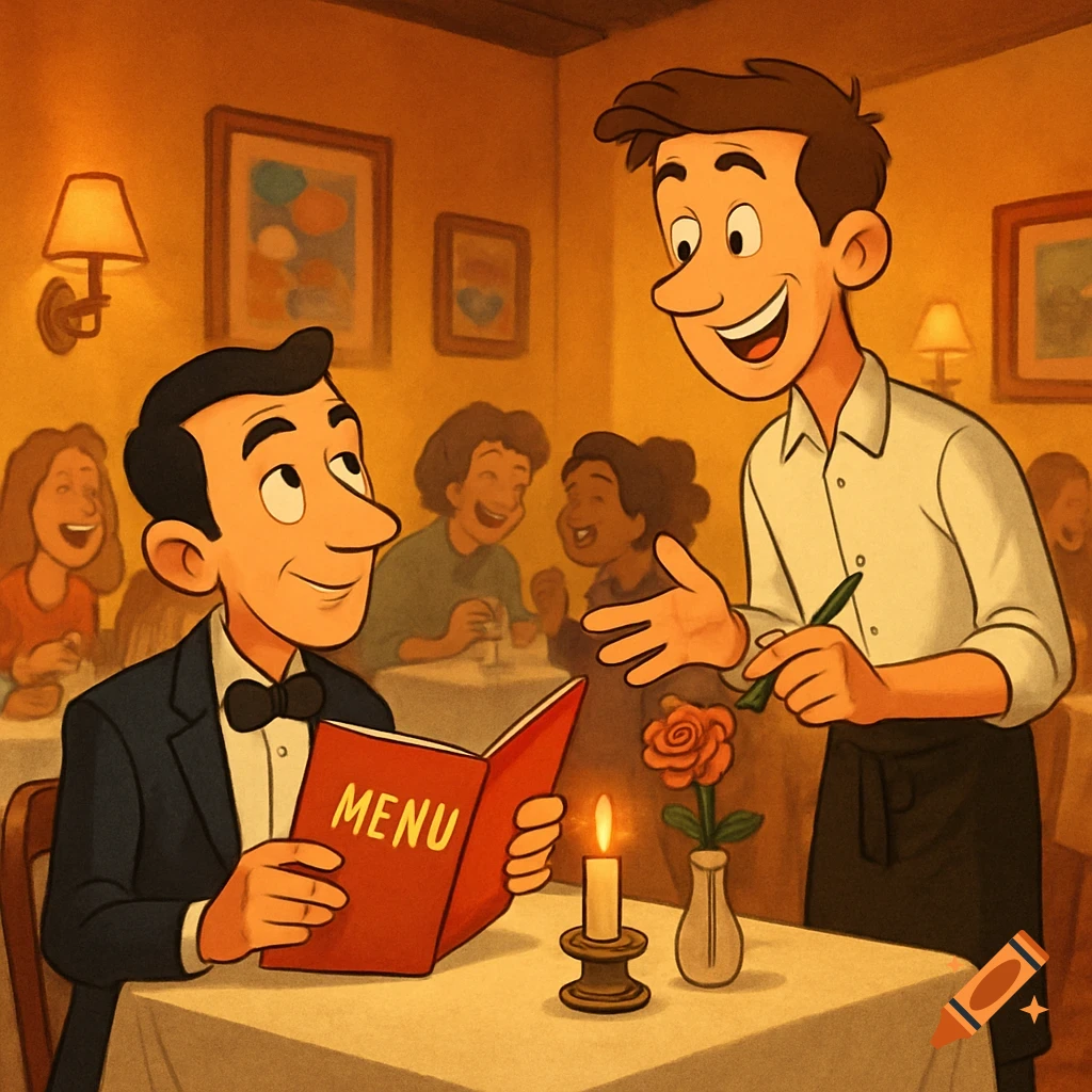 A smiling cartoon waiter takes an order from a customer reading a menu in a warmly lit restaurant.