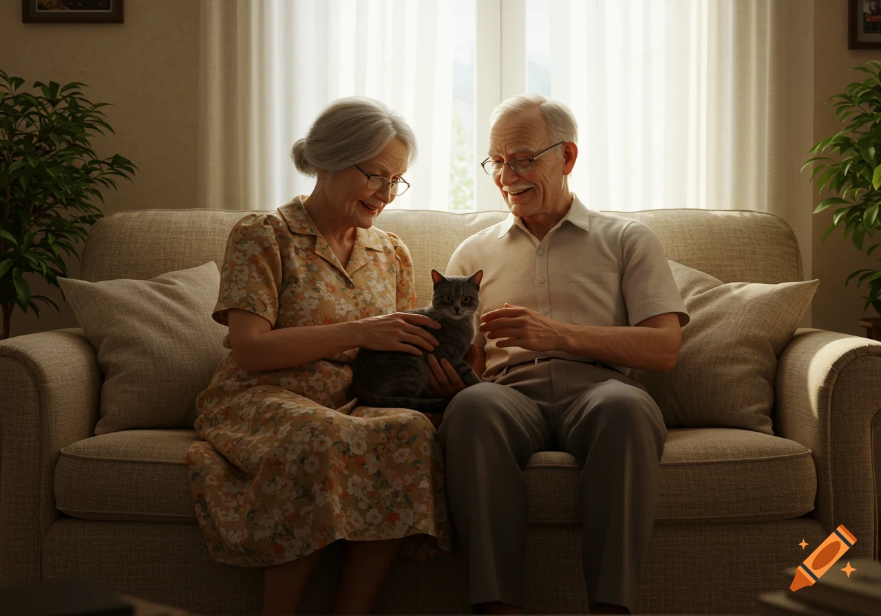A photorealistic image of a smiling elderly couple sitting on a beige sofa, gently petting a gray cat between them in a cozy, sunlit living room.