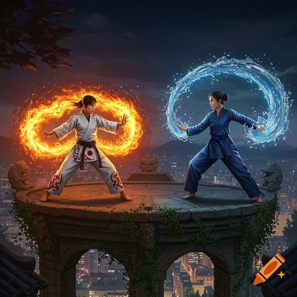 Two female martial artists, one wreathed in fire and the other in water, stand on an ancient structure overlooking a futuristic city at night.