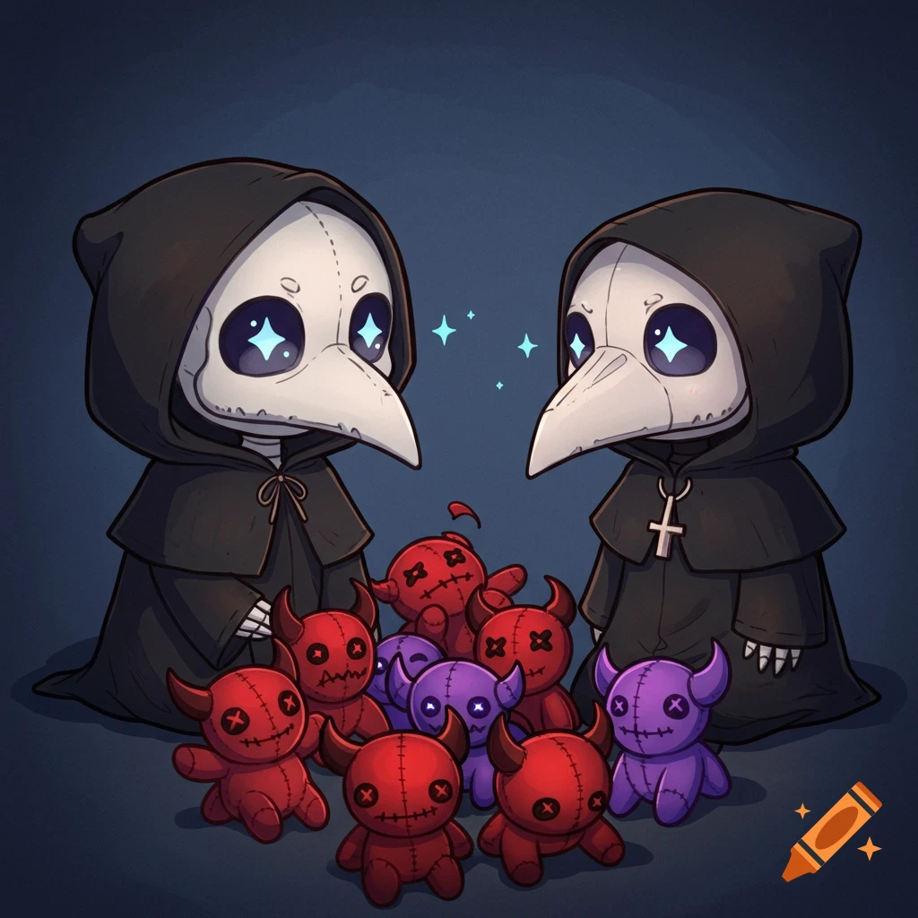 Two cute chibi plague doctor figures with sparkling eyes play with red and purple horned demonic plush toys.