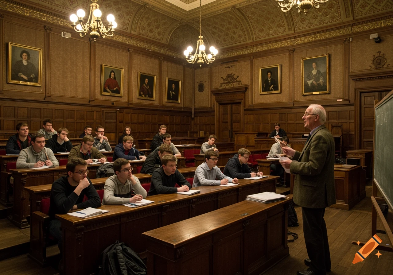 An older professor lectures to a classroom of male students seated at wooden desks in a grand room with chandeliers and wall portraits.