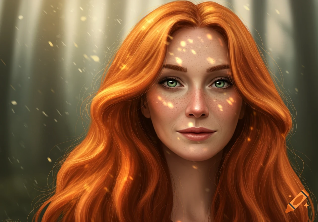 Close-up portrait of a redheaded woman with green eyes and freckles, bathed in dappled sunlight.