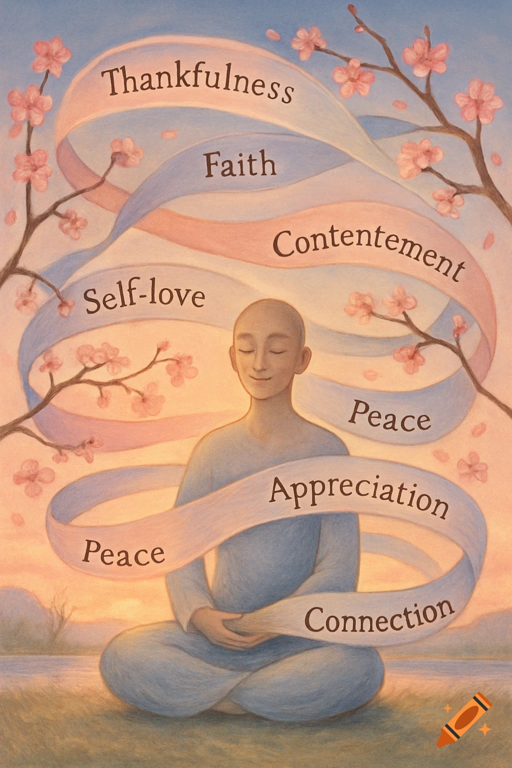 A bald person in a blue robe meditates, surrounded by ribbons displaying positive words like 'Thankfulness' and 'Faith' and cherry blossoms.