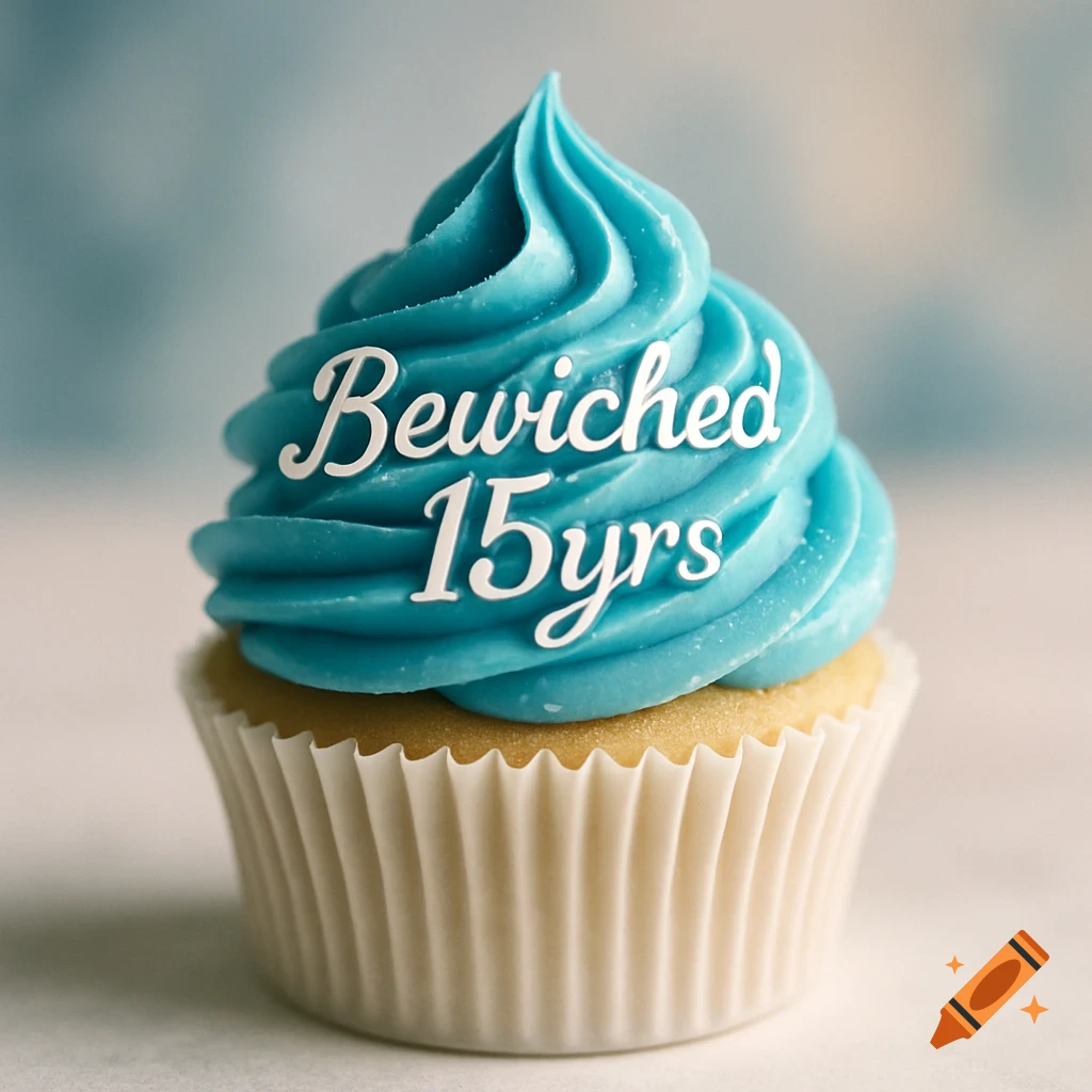 A vanilla cupcake with swirling blue icing that reads "Bewiched 15yrs" in white text, against a soft blue background.
