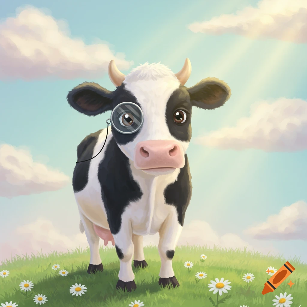 A black and white cow wearing a monocle stands in a grassy field with daisies under a bright, cloudy sky in a cozy, pastel illustration.