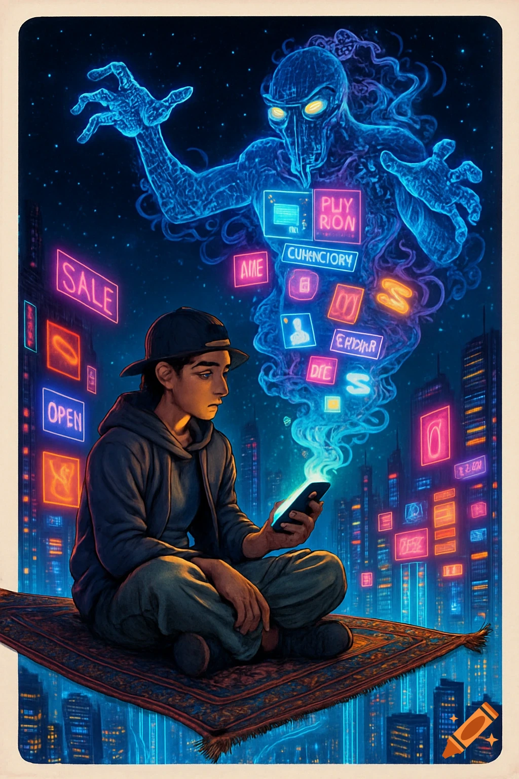 A person on a magic carpet floats over a cyberpunk city at night, scrolling a glowing phone from which a neon digital genie emerges with garbled ads.