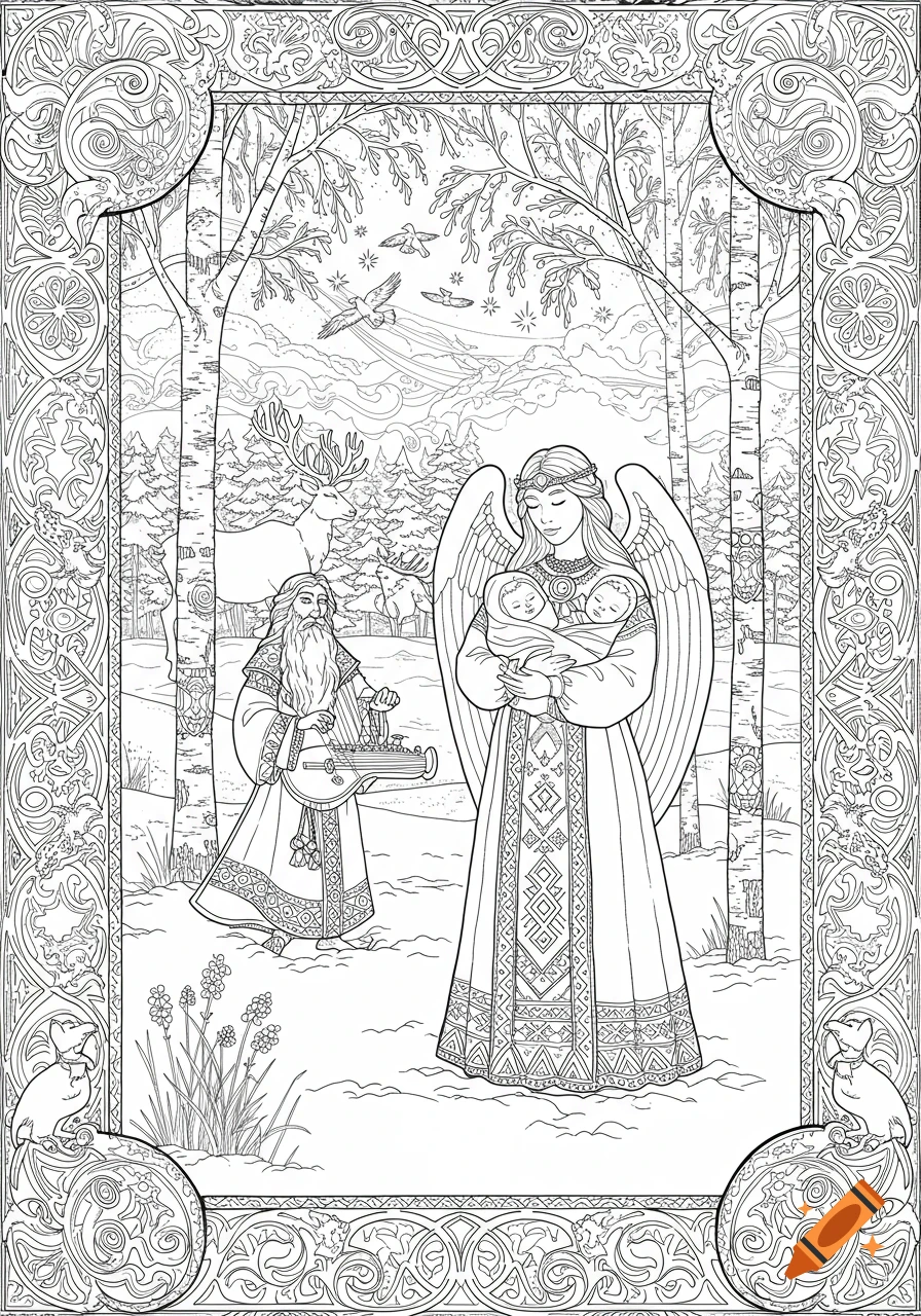 Black and white line art of a winged woman holding babies and an old man with a kantele in a snowy Finnish folklore forest, with decorative borders.