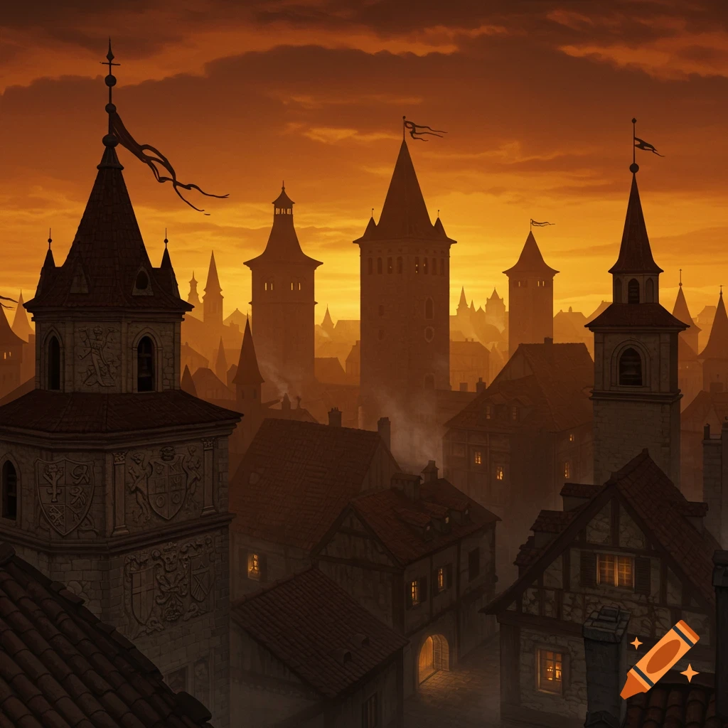 A detailed medieval town skyline with many towers and houses silhouetted against an orange and red sunset.