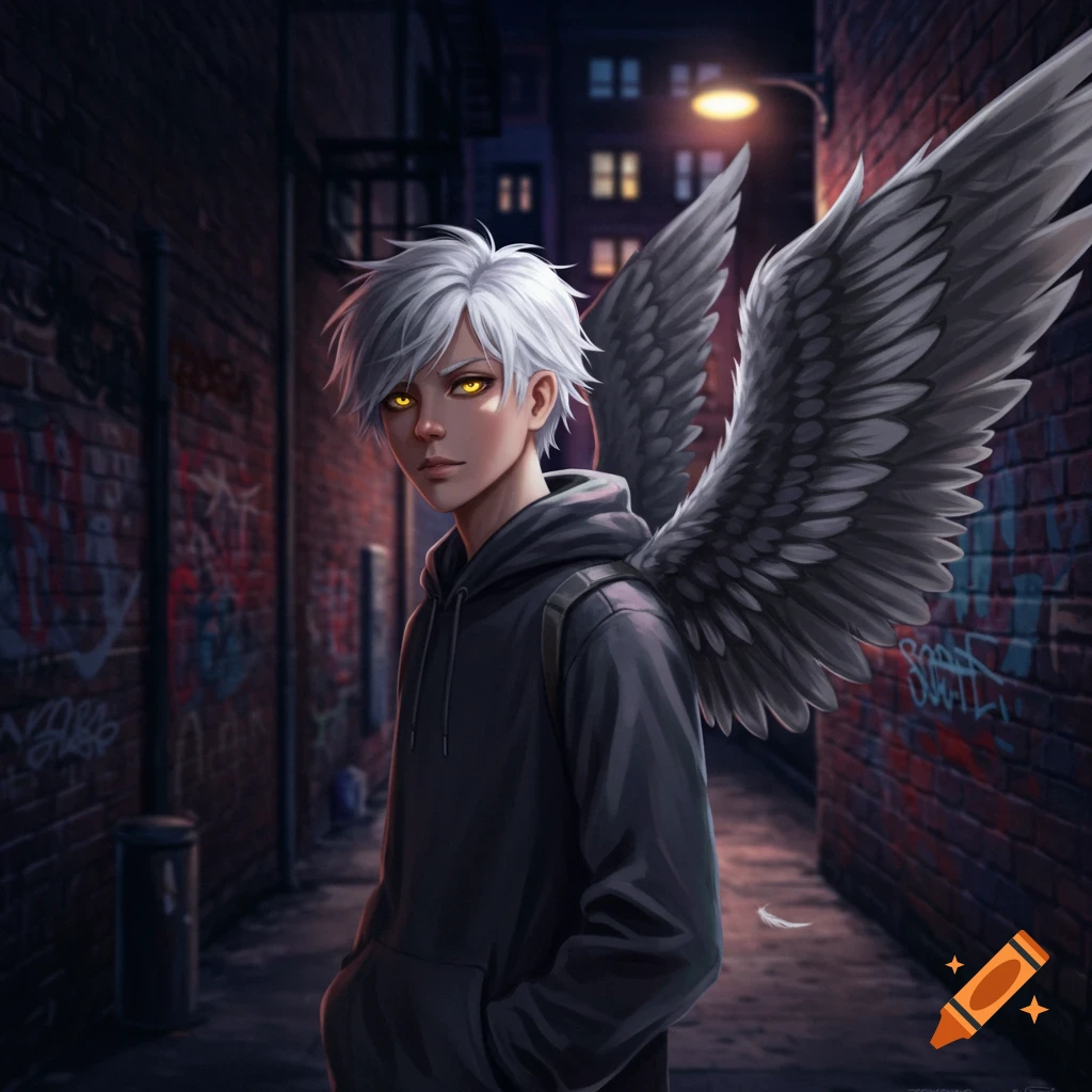 A white-haired, yellow-eyed male with large dark wings wearing a black hoodie stands in a graffiti-covered urban alley at night.