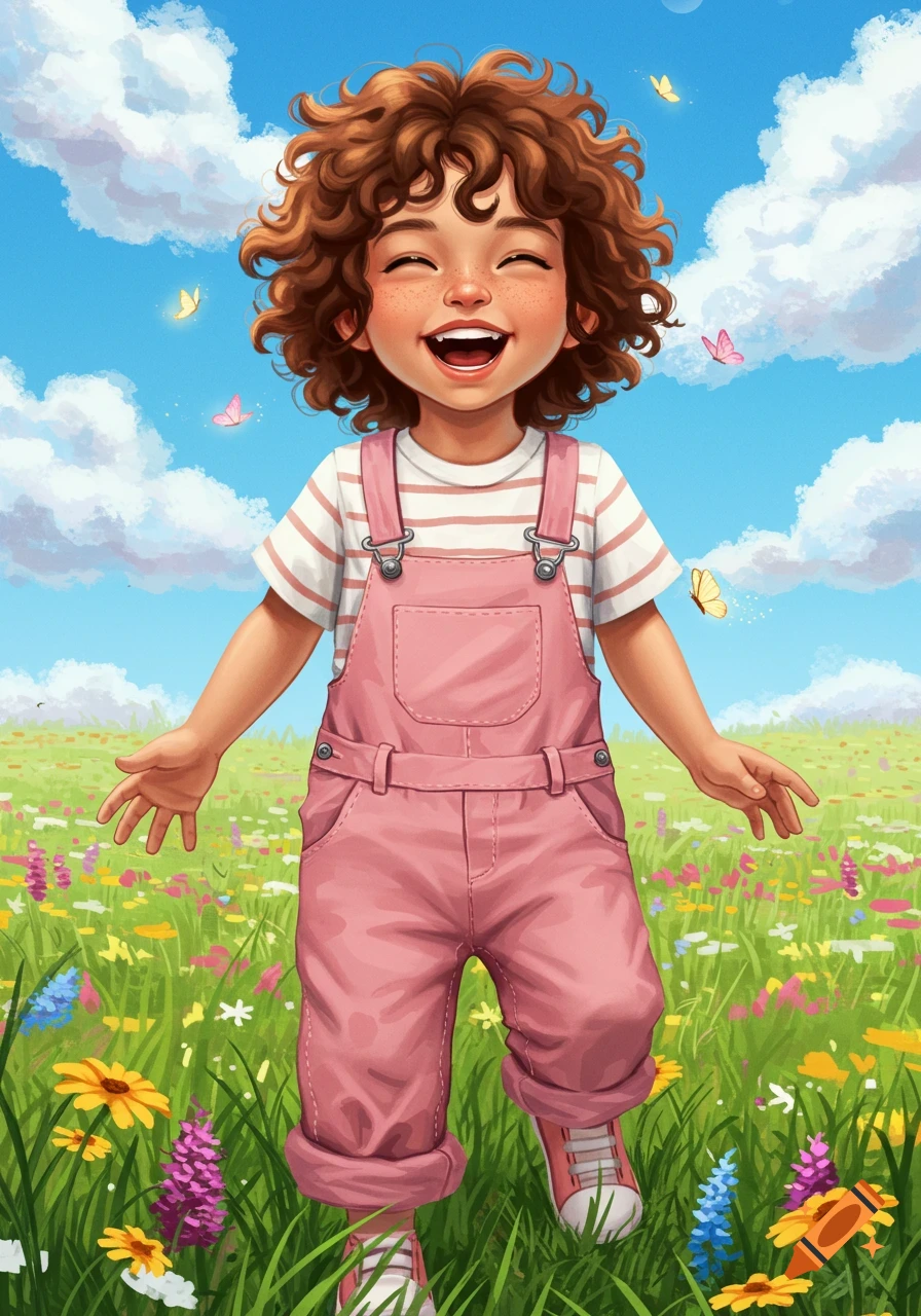 A cheerful child with curly brown hair in pink overalls laughs happily in a vibrant field of wildflowers under a blue sky.