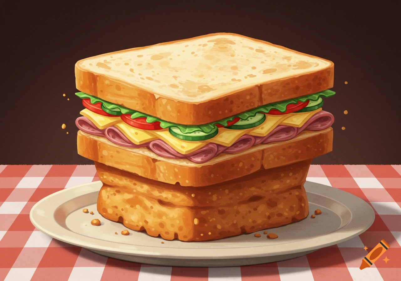 A cartoon illustration of a sandwich with a thick bottom slice of bread, ham, cheese, lettuce, tomato, and cucumber on a checkered tablecloth.