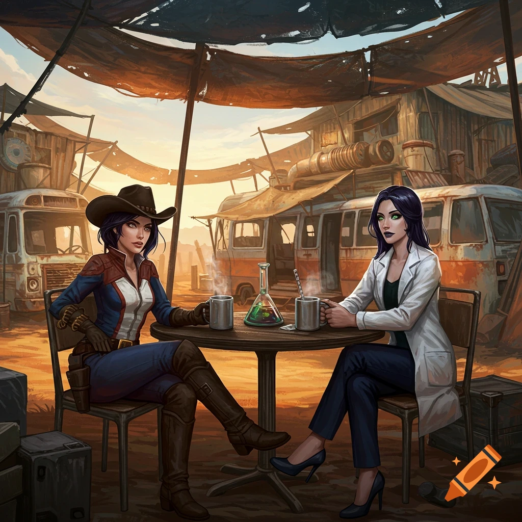 Two women, one in a cowboy hat and red/white outfit, the other in a lab coat, sit at a table in a makeshift desert town with old buses.