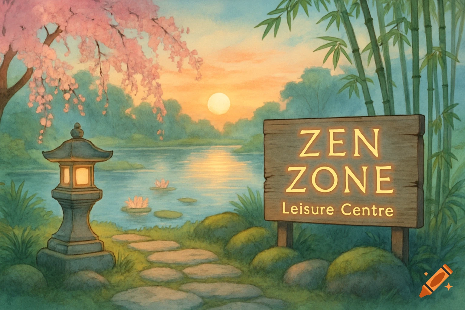 A watercolor illustration of a tranquil zen garden at sunset with cherry blossoms, bamboo, a lantern, a lake, and a 'ZEN ZONE Leisure Centre' sign.