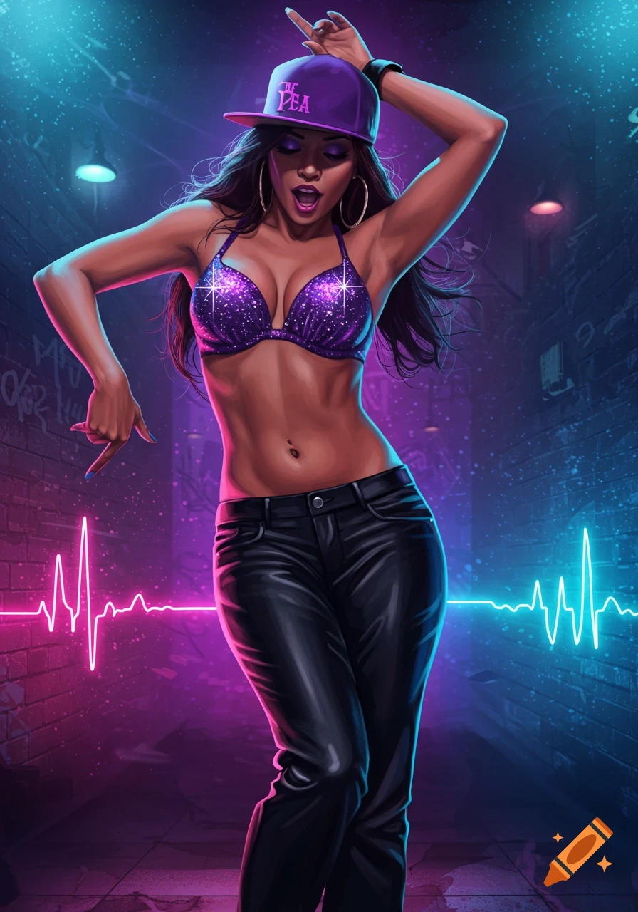 A stylized digital illustration of a woman dancing in a purple sparkly bra, black leather pants, and a backward baseball cap under neon lights in an urban alley.