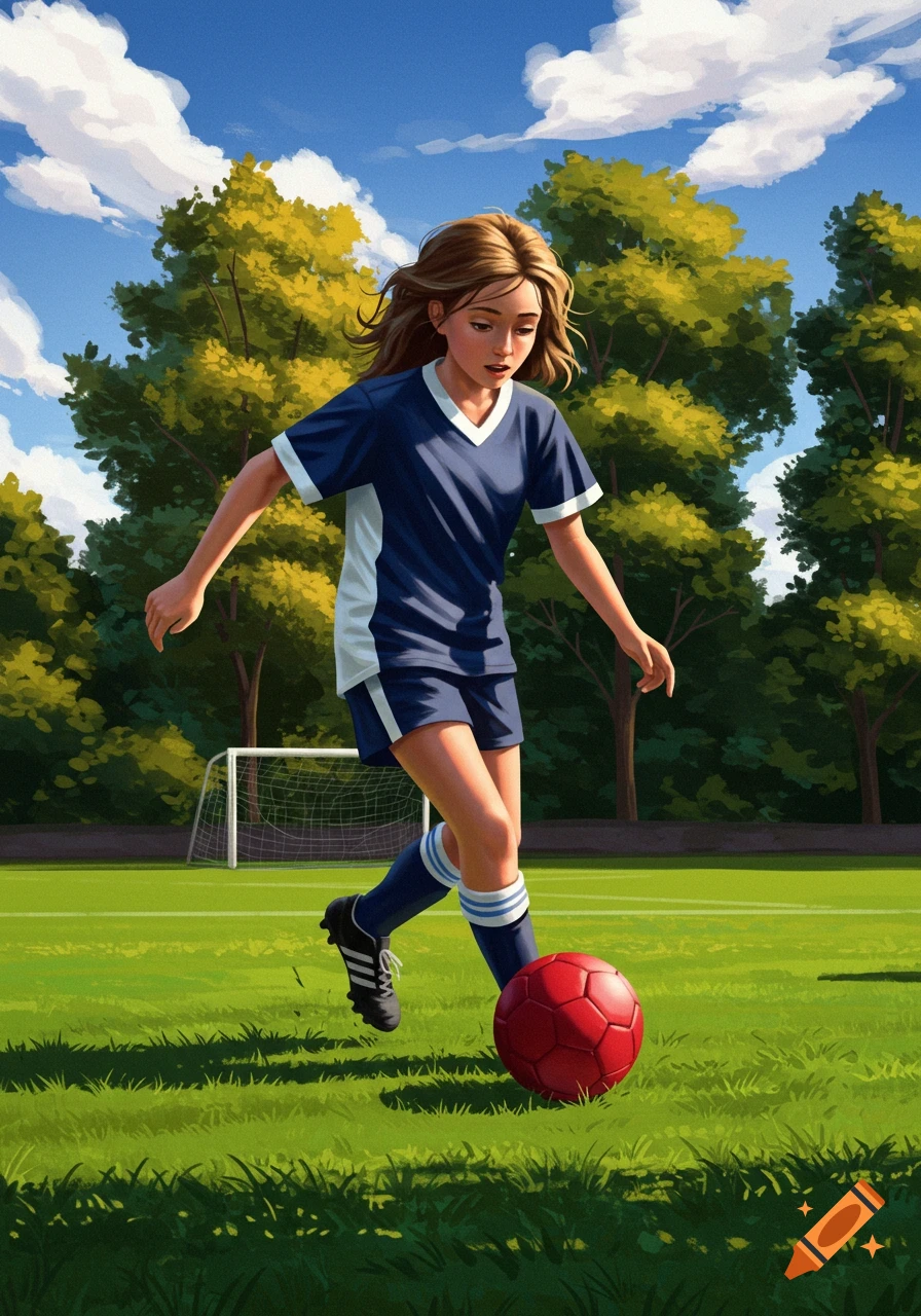 An illustrated young girl in a blue and white uniform dribbles a red soccer ball on a green field under a blue sky.