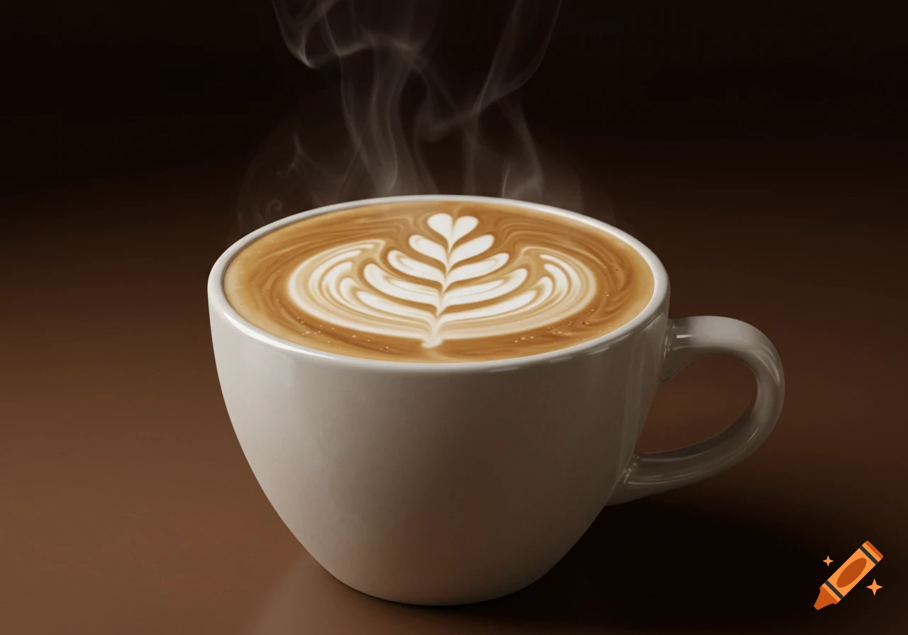 A steaming cup of cappuccino with elaborate latte art depicting a leaf or heart pattern, set against a dark brown background.