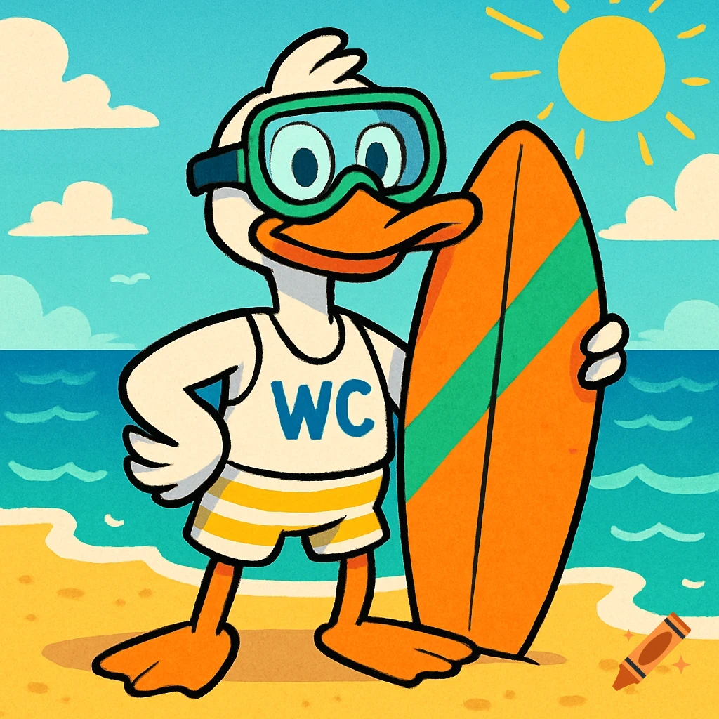 A 2D cartoon anthropomorphic white duck wearing scuba goggles and swim trunks with "WC" on the tank top, holding an orange surfboard on a sunny beach.