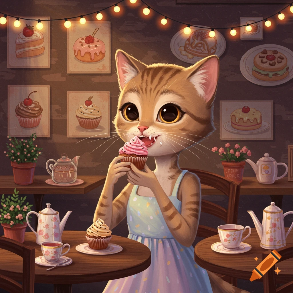 A cartoon cat-girl with big eyes eats a pink cupcake at a cozy cafe table, surrounded by desserts and string lights.