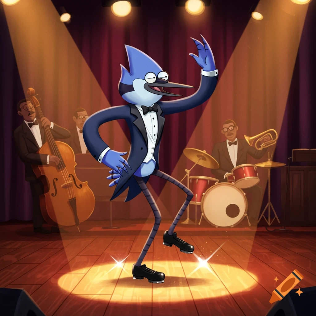 Mordecai from Regular Show in a tuxedo, tap dancing on a spotlighted stage with a jazz band playing behind him.
