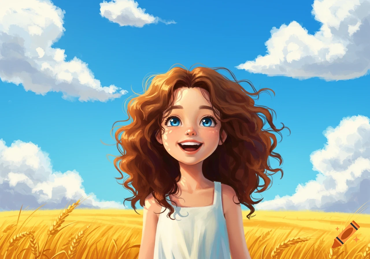 A cheerful cartoon girl with brown hair and blue eyes smiles in a golden wheat field under a blue sky.