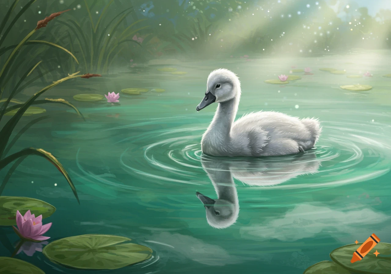 A fluffy white baby swan swims in a tranquil green pond with lily pads and pink water lilies.
