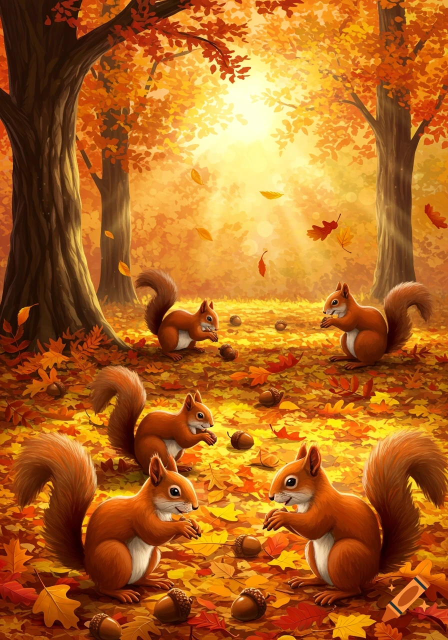 A group of brown squirrels gathering acorns in a vibrant autumn forest with fallen orange and yellow leaves, in an illustrative style.