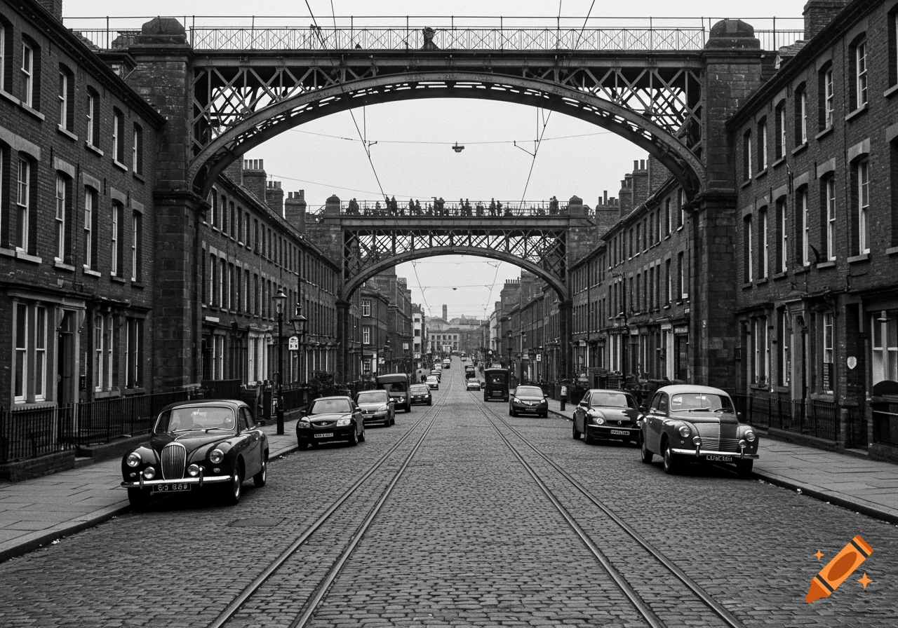Black and white photo of a cobblestone street with tram tracks and vintage cars, lined by buildings, under two large iron bridges.