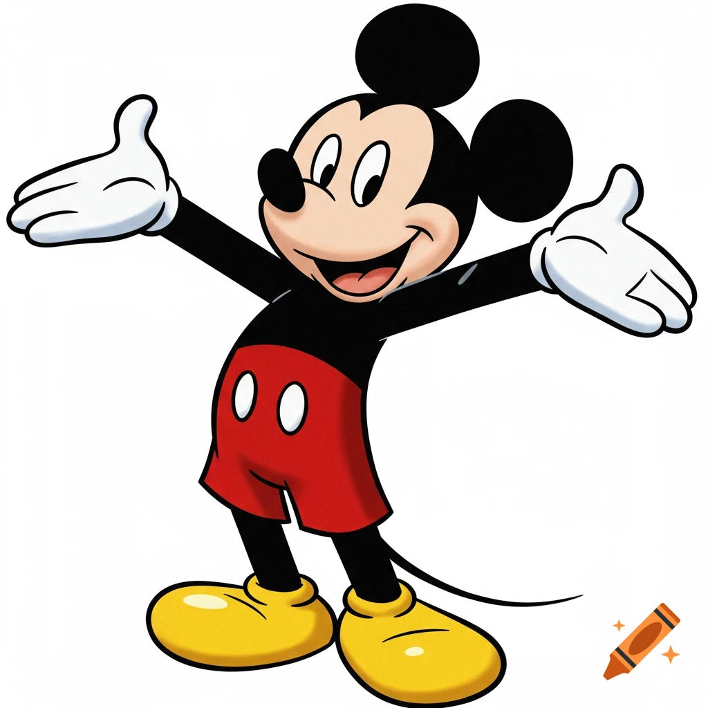 Mickey Mouse stands happily with his arms open wide on a transparent background.