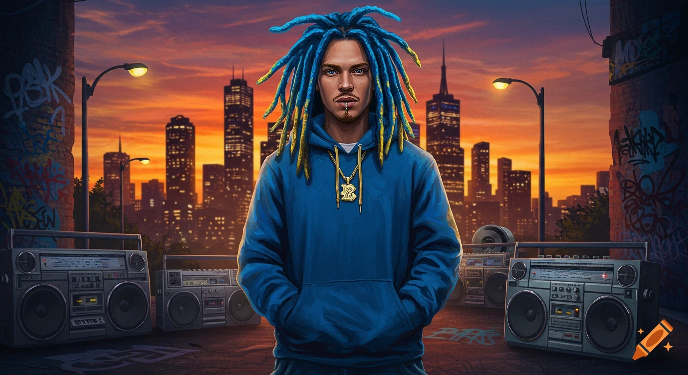 Caucasian man with blue and yellow dreadlocks and a blue hoodie stands in an urban alley with graffiti and boomboxes, against a sunset city skyline.