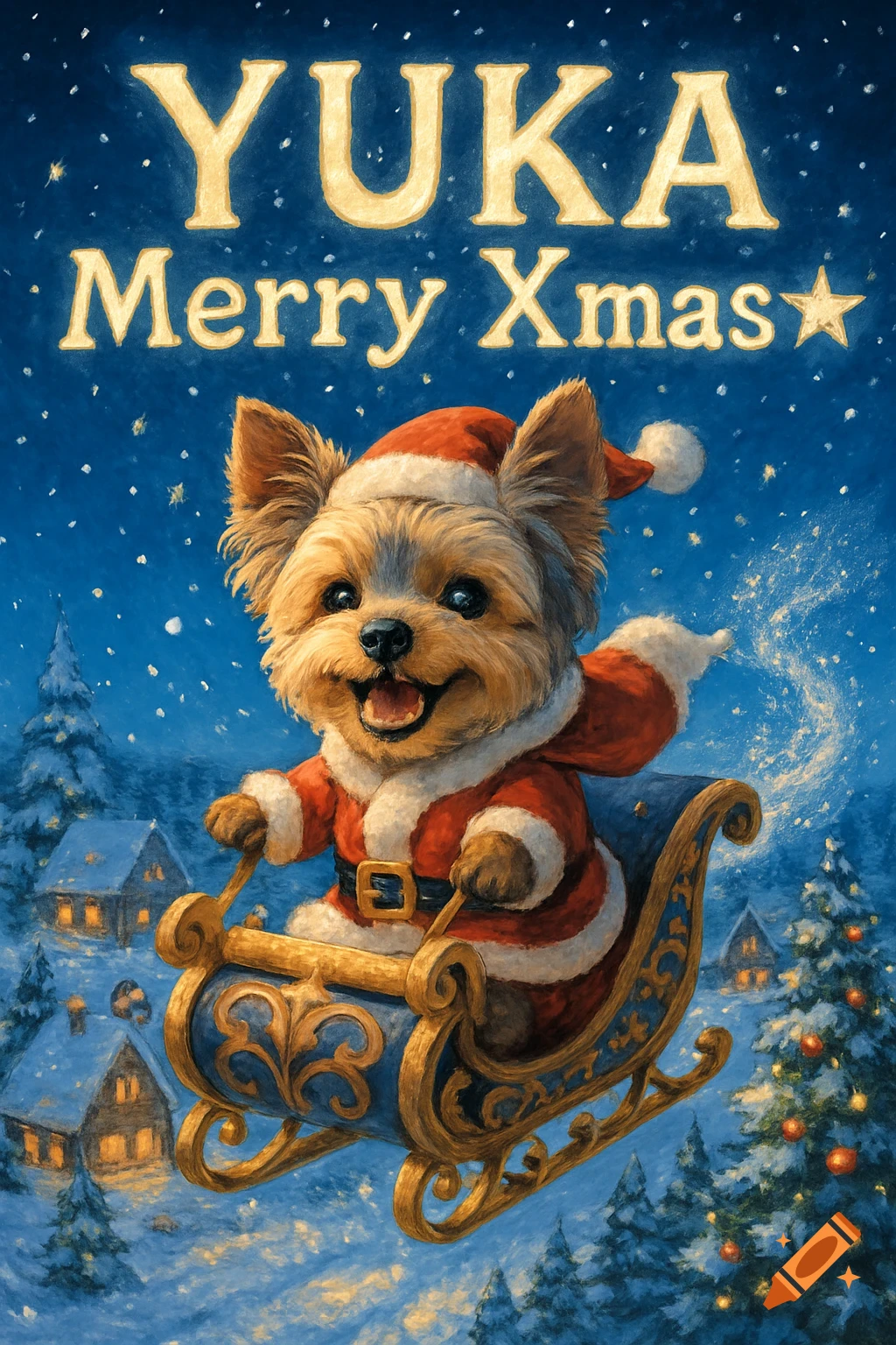 A cute Yorkshire Terrier in a Santa suit flies in a sleigh over a snowy village at night, with 'YUKA Merry Xmas ★' above.