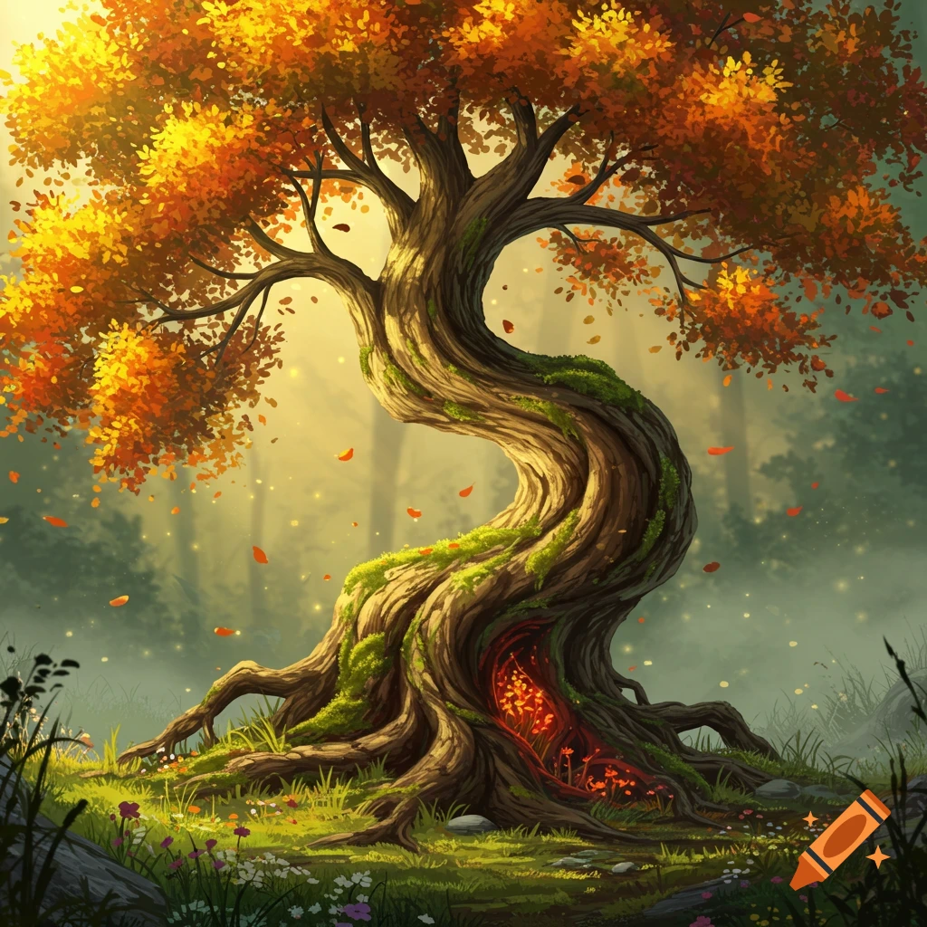 A gnarled fantasy tree with vibrant autumn leaves, mossy roots, and a glowing hollow in a magical, sunlit forest.