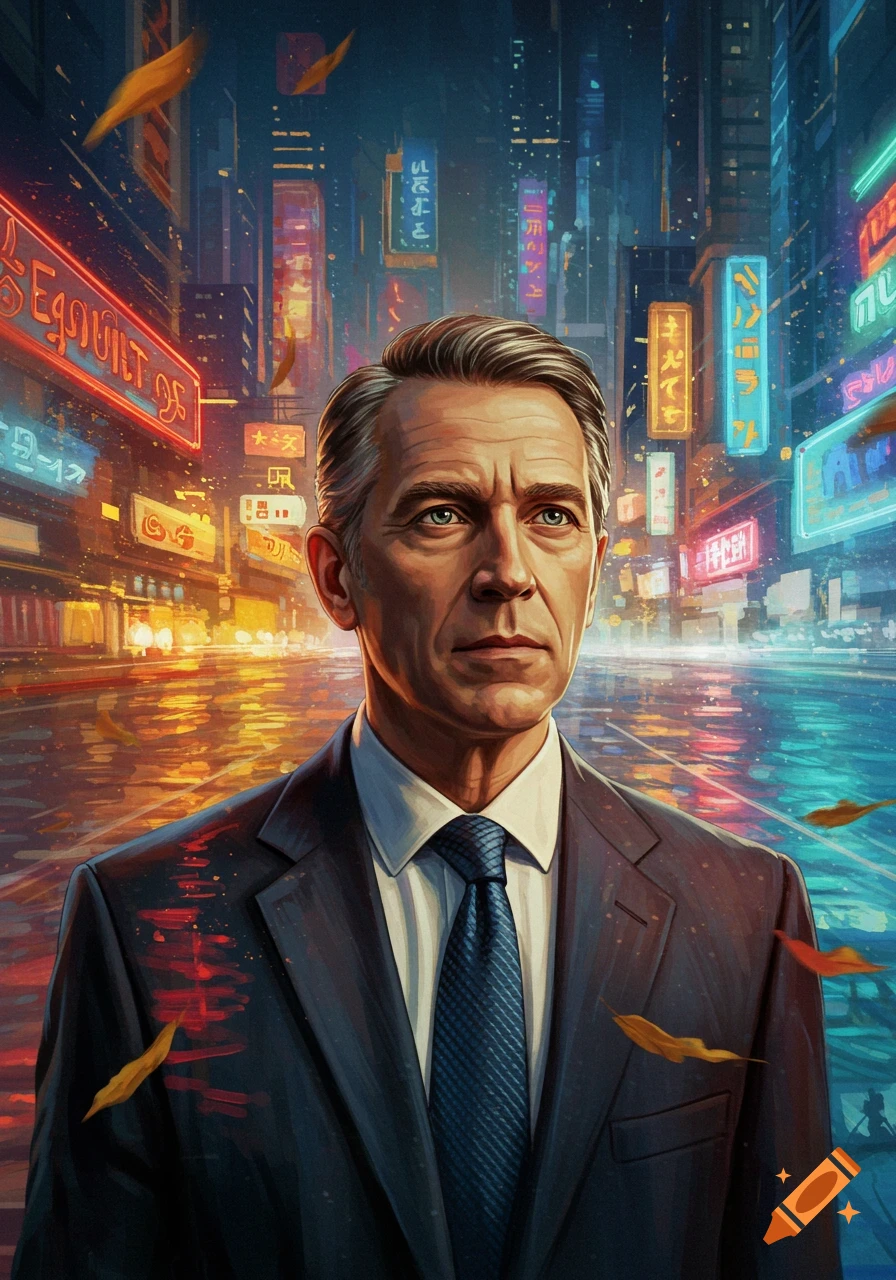 An illustrated portrait of a man in a suit against a vibrant, neon-lit cyberpunk city at night.