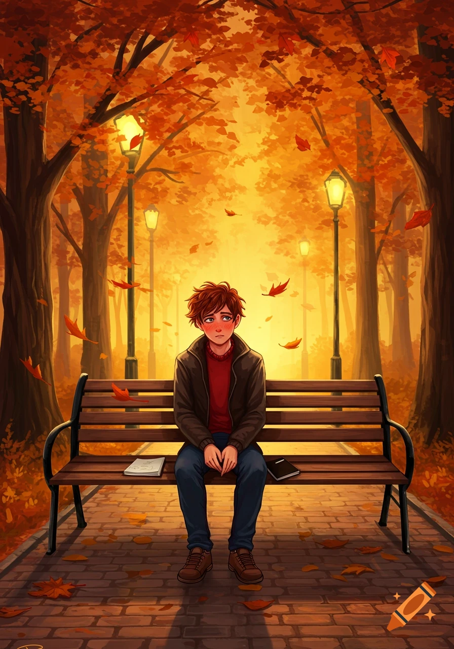 A young boy with red hair sits on a park bench surrounded by vibrant orange autumn leaves and glowing streetlights in an illustrative style.