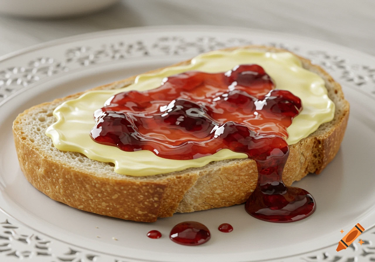 Photorealistic image of a slice of bread with butter and cherry jam, dripping onto a decorative white plate.
