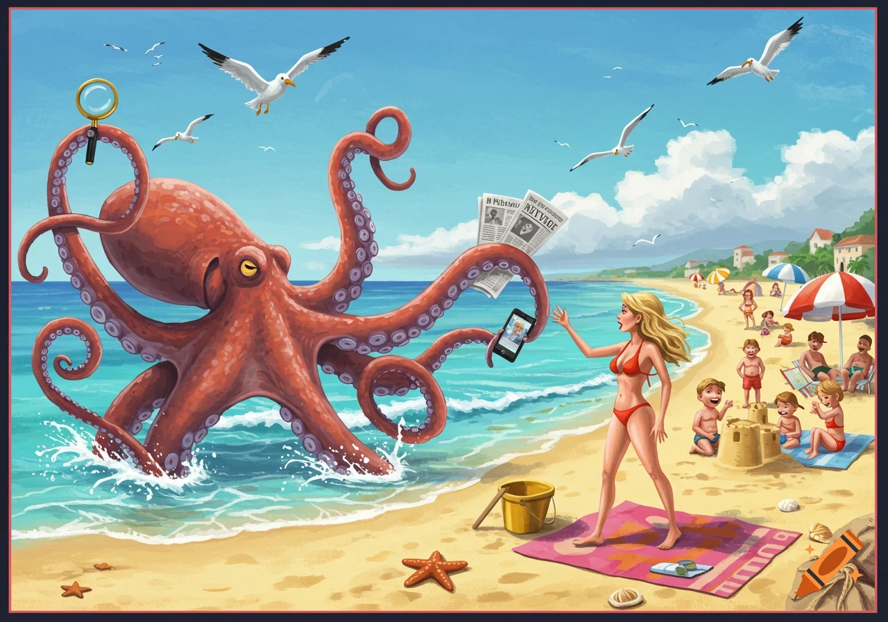 Cartoon of a giant red octopus rising from the sea, holding newspapers and a phone, interacting with a surprised woman in a bikini on a sunny beach.