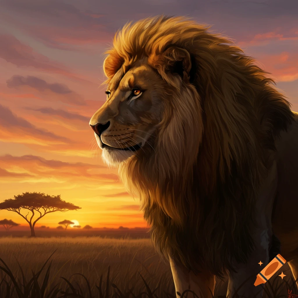 A majestic lion with a golden mane stands in a savanna at sunset, with acacia trees silhouetted against an orange sky.